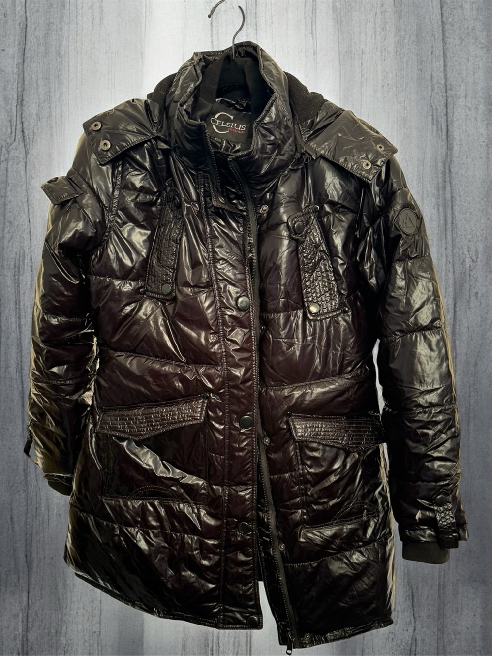 Celsius Premium Women's Shiny Black Quilted Puffer Coat with Faux Fur Hood